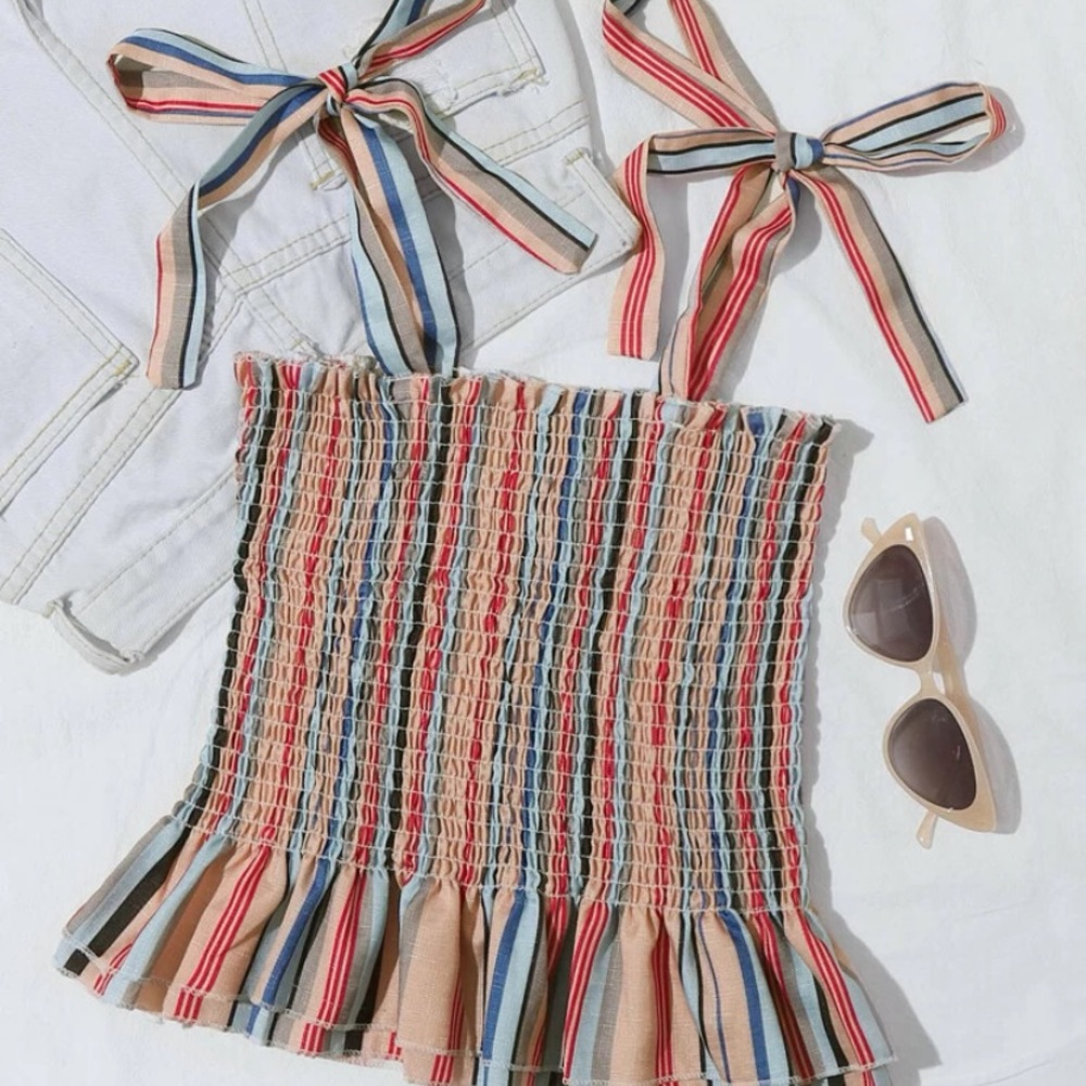 Ruffle hem shirred knotted striped cami top